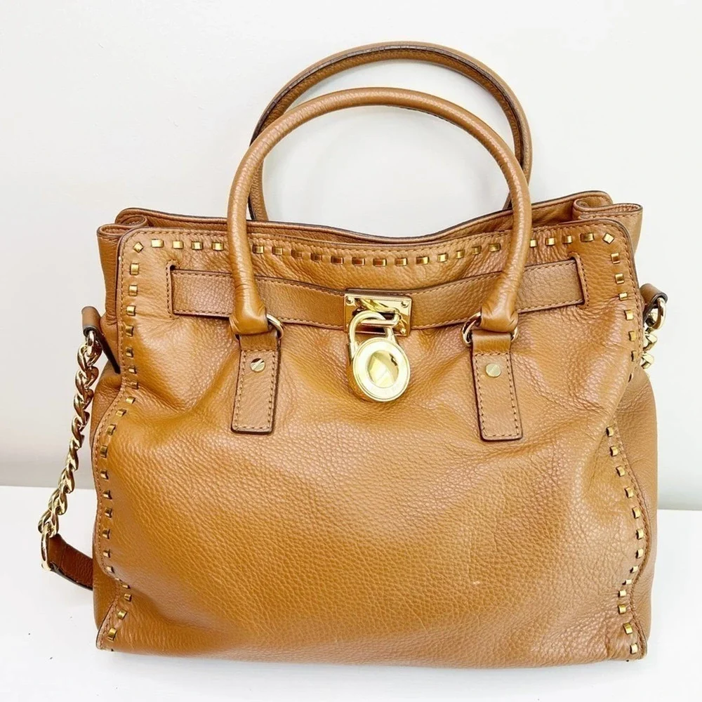 Michael Michael Kors classic cognac saffiano structured satchel embellish
